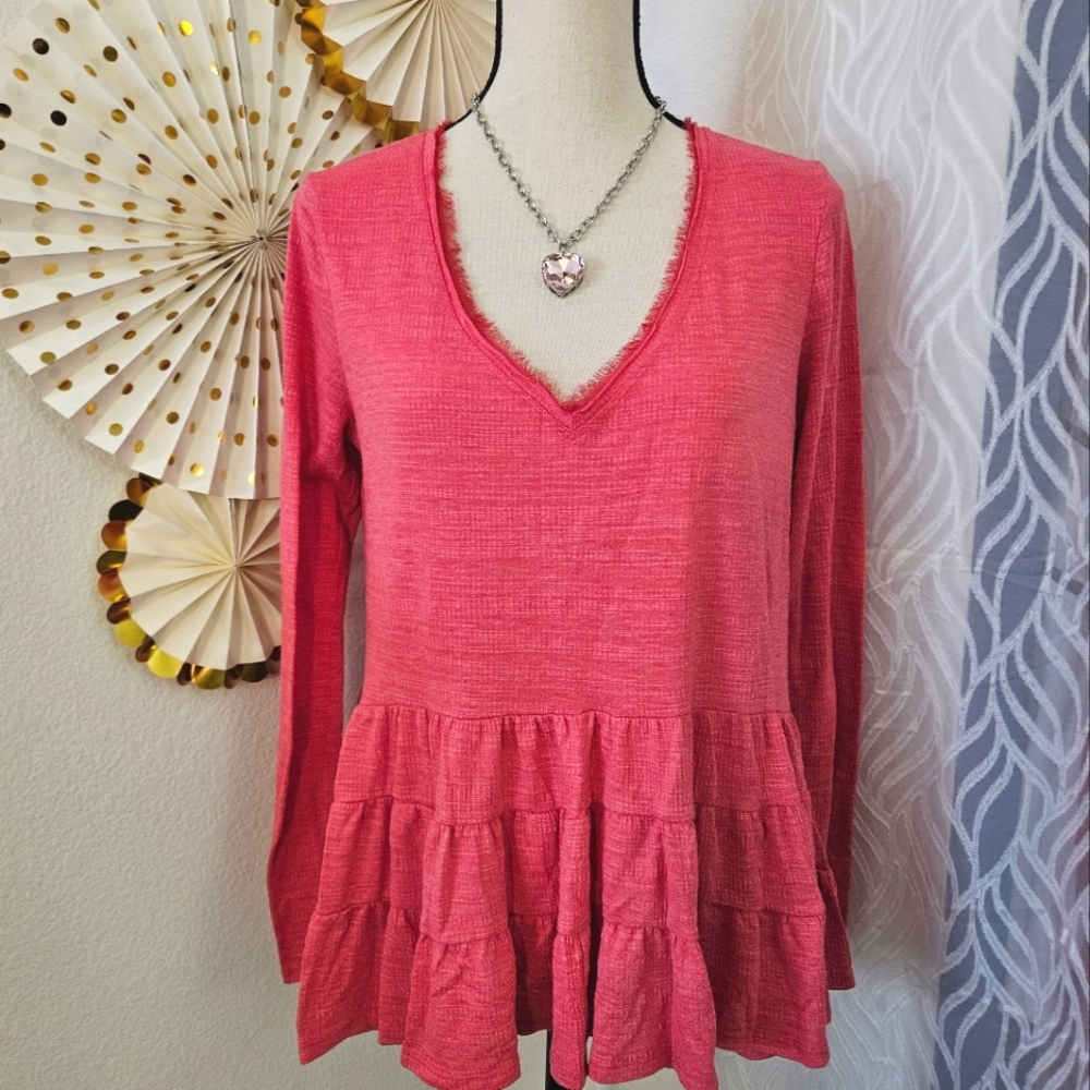 Anthropologie Deletta | Pink V-Neck Tiered Peplum Long-Sleeve Top | Size M